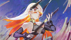 Rule 34 | 1girl, breasts, colored inner hair, commentary, cross, cross earrings, earrings, elbow gloves, english commentary, flaming sword, flaming weapon, gloves, hair behind ear, halterneck, halterneck, highres, holding, holding sword, holding weapon, horns, jewelry, long hair, mahou arms, multicolored hair, orange eyes, orange hair, parted lips, partially fingerless gloves, pointy ears, sheath, silver hair, small breasts, softmode, solo, sword, unsheathing, upper body, weapon, xerxes (mahou arms)