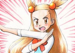 Rule 34 | 1girl, blush, bow, brown eyes, brown hair, commentary request, creatures (company), dress, emphasis lines, eyelashes, game freak, hair bobbles, hair ornament, hand up, highres, jasmine (pokemon), long hair, looking at viewer, nintendo, oka mochi, open mouth, orange bow, outstretched arm, pokemon, pokemon hgss, solo, tongue, traditional media, two side up