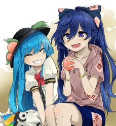 Rule 34 | 2girls, :d, ^ ^, bangle, black hat, blouse, blue bow, blue eyes, blue hair, blue skirt, blush, bow, bowtie, bracelet, closed eyes, collarbone, commentary request, debt, facing another, food, frilled shirt, frills, fruit, gradient background, grey hoodie, grin, hair between eyes, hair bow, hat, hinanawi tenshi, holding, holding food, holding fruit, hood, hoodie, jewelry, leaf, long hair, multiple girls, open mouth, peach, puffy short sleeves, puffy sleeves, red bow, red neckwear, shirt, short sleeves, sitting, skirt, smile, touhou, two-tone background, tyouseki, v arms, very long hair, white background, white shirt, yellow background, yorigami shion