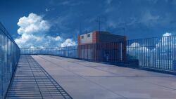 Rule 34 | absurdres, axleaki, blue sky, building, city, cityscape, cloud, commentary request, day, fence, highres, no humans, original, radio antenna, rooftop, scenery, shadow, sky, sky focus, variant set