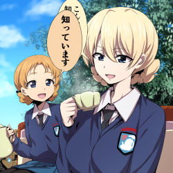Rule 34 | 10s, 2girls, black necktie, blonde hair, blue eyes, blue sweater, bow, braid, breasts, commentary request, cup, darjeeling (girls und panzer), dress shirt, emblem, french braid, girls und panzer, hair between eyes, hair bow, long sleeves, looking at another, multiple girls, nakahira guy, necktie, open mouth, orange hair, orange pekoe (girls und panzer), pantyhose, school uniform, shirt, st. gloriana&#039;s (emblem), st. gloriana&#039;s school uniform, sweater, teacup, teapot, translated