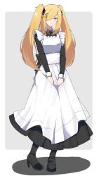 1girl absurdres alternate_costume apron black_dress blonde_hair border closed_mouth commentary_request creatures_(company) cynthia_(pokemon) dress enmaided full_body game_freak grey_background hair_ornament hair_over_one_eye hairclip high_heels highres long_hair long_sleeves looking_at_viewer maid nintendo pigeon-toed pokemon pokemon_dppt shifatur17 sidelocks smile solo standing twintails white_apron white_border