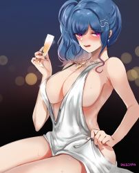 Rule 34 | 1girl, absurdres, azur lane, backless dress, backless outfit, bare shoulders, blue hair, blue nails, blush, breasts, champagne flute, cleavage, cup, dolechan, dress, drinking glass, earrings, evening gown, grey dress, hair ornament, hairclip, halter dress, halterneck, highres, holding, holding cup, jewelry, large breasts, licking lips, nail polish, necklace, pink eyes, plunging neckline, revealing clothes, side ponytail, sidelocks, silver dress, st. louis (azur lane), st. louis (luxurious wheels) (azur lane), thighs, tongue, tongue out