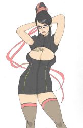 Rule 34 | 1girl, alternate costume, amulet, arms behind head, arms up, bayonetta, bayonetta (series), bayonetta 1, black hair, breasts, brown eyes, candy, cleavage, cleavage cutout, clothing cutout, food, glasses, hair ribbon, kyuraa (kyura9een), large breasts, lipstick, lollipop, long hair, makeup, mole, mole under mouth, mouth hold, ribbon, solo, thighhighs