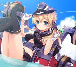 Rule 34 | 10s, 1girl, alternate costume, badge, bankoku ayuya, blonde hair, button badge, cross, food, hat, ice cream, iron cross, kantai collection, long hair, machinery, peaked cap, prinz eugen (kancolle), revision, smile, solo, twintails