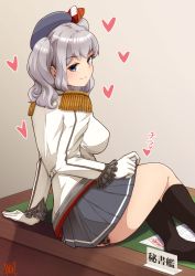 Rule 34 | 1girl, beret, black hat, black panties, black skirt, black socks, blue eyes, blush, breasts, clothes lift, desk, epaulettes, gloves, grey eyes, hat, heart, highres, jacket, kantai collection, kashima (kancolle), kneehighs, lace, lace panties, large breasts, lifting own clothes, long hair, long sleeves, looking at viewer, looking back, military, military jacket, military uniform, miniskirt, on desk, open mouth, panties, pleated skirt, sidelocks, silver hair, sitting, skirt, skirt lift, smile, socks, solo, tadokoro nurikabe, thighs, tsurime, twintails, underwear, uniform, wavy hair, white gloves, white jacket