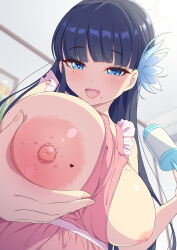 Rule 34 | 1girl, :d, absurdres, black hair, blue eyes, blunt bangs, blurry, blurry background, blush, breast hold, breasts, ceiling, flower, glands of montgomery, hair flower, hair ornament, highres, hime cut, holding, holding rattle, indoors, inverted nipples, lactation, large breasts, long hair, looking at viewer, mole, mole on breast, mole under eye, nipples, open mouth, original, rattle, sakamata (sakamata4), smile, solo, upper body