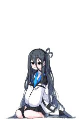 Rule 34 | 1girl, absurdly long hair, aris (blue archive), arms between legs, black eyes, black hair, black hairband, black jacket, black skirt, blue archive, blue necktie, collared shirt, dr yamero, hair between eyes, hairband, highres, jacket, long bangs, long hair, multicolored clothes, multicolored jacket, necktie, no halo, one side up, open clothes, open jacket, pleated skirt, shirt, sitting, skirt, solo, very long hair, white jacket, white shirt