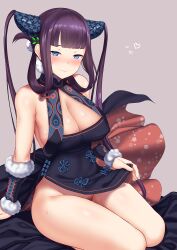 Rule 34 | 1girl, bare shoulders, black dress, blue eyes, blunt bangs, blush, breasts, china dress, chinese clothes, cleavage, closed mouth, detached sleeves, dress, fate/grand order, fate (series), female pubic hair, hair ornament, highres, hitotsuki nebura, large breasts, leaf hair ornament, long hair, looking at viewer, no panties, pubic hair, purple hair, seiza, side slit, sidelocks, sitting, smile, solo, thighs, twintails, variant set, very long hair, yang guifei (fate), yang guifei (second ascension) (fate)