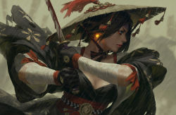 Rule 34 | 1girl, bandages, bandaged arm, bell, black gloves, black kimono, blood, bloody weapon, breasts, brown hair, closed mouth, earrings, eyeshadow, fighting stance, from side, gloves, guweiz, hat, headband, highres, holding, holding sword, holding weapon, japanese clothes, jewelry, katana, kimono, long sleeves, makeup, medium breasts, obi, original, rain, sash, serious, solo, straw hat, sword, torn clothes, two-handed, upper body, weapon, wide sleeves