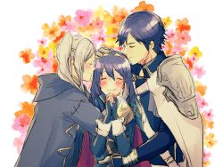 Rule 34 | armor, blue hair, blush, cape, chrom (fire emblem), closed eyes, family, father and daughter, fingerless gloves, fire emblem, fire emblem awakening, gloves, group hug, hand on another&#039;s head, happy, highres, hug, lucina (fire emblem), mother and daughter, nintendo, nishimura (nianiamu), one-hour drawing challenge, robin (female) (fire emblem), robin (fire emblem), shoulder armor, silver hair, smile, tiara, upper body