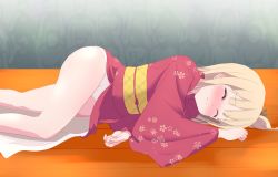 Rule 34 | 1girl, ass, blonde hair, blush, closed mouth, crowd, embarrassed, closed eyes, feet out of frame, floral print, highres, hiiragi mayuki, hinako note, humiliation, japanese clothes, kimono, kimono pull, long hair, lying, on side, panties, pantyshot, sarura, solo focus, stage, tearing up, thighs, underwear, white panties, wooden floor