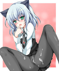 Rule 34 | 00s, 1girl, animal ears, bad id, bad pixiv id, black pantyhose, blue hair, blush, cameltoe, cum, cum on clothes, green eyes, herurun, pantyhose, purple hair, sanya v. litvyak, scared, solo, strike witches, upskirt, world witches series