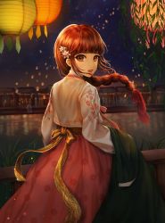 Rule 34 | 1girl, blunt bangs, blurry, blurry background, bow, braid, brown eyes, brown hair, commentary request, floral print, flower, from behind, hair flower, hair ornament, hair ribbon, hanbok, highres, holding, kama (kama ovo), korean clothes, lamp, lantern, long hair, long sleeves, looking at viewer, looking back, night, night sky, original, outdoors, parted lips, pink ribbon, red ribbon, ribbon, sky, solo, star (sky), starry sky, teeth, water, yellow bow