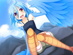 Rule 34 | 1girl, ahoge, amoriro, bare shoulders, bird legs, blue feathers, blue hair, blue wings, blush, feathered wings, feathers, hair between eyes, harpy, long hair, midriff, monster girl, monster musume no iru nichijou, open mouth, papi (monster musume), scales, shorts, sitting, solo, winged arms, wings, yellow eyes