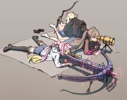 Rule 34 | 3girls, aiming, alternate universe, anyoji hime, bipod, black footwear, black ribbon, blanket, blonde hair, blue eyes, blue hair, blue shorts, blunt bangs, boots, bow (weapon), brown bag, brown footwear, brown hair, commentary, crossbow, elf, fantasy, finger on trigger, flower, fujishima megumi, gradient hair, grey background, hair flower, hair intakes, hair ornament, hair ribbon, highres, holding, holding bow (weapon), holding pencil, holding weapon, hood, hooded jacket, huge weapon, jacket, lao ren xing, light blue hair, link! like! love live!, loafers, long hair, long sleeves, love live!, lying, magic circle, mira-cra park!, multi-tied hair, multicolored hair, multiple girls, notes, on stomach, open clothes, open jacket, osawa rurino, pencil, pink flower, pink hair, pointy ears, ponytail, purple eyes, ribbon, scope, shoes, short shorts, shorts, sidelocks, sitting, sleeves past elbows, socks, swept bangs, telescope, thigh boots, thighhighs, tripod, twintails, two side up, unworn shoes, very long hair, virtual youtuber, weapon, white jacket, white socks, white thighhighs