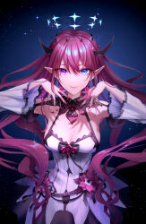 Rule 34 | 1girl, blue eyes, breasts, chocofox, cleavage, cleavage cutout, closed mouth, clothing cutout, detached sleeves, double halo, dress, halo, heterochromia, highres, hololive, hololive english, horns, irys (hololive), long hair, medium breasts, multicolored hair, pink eyes, pointy ears, purple hair, red hair, short dress, sleeveless, sleeveless dress, solo, star halo, virtual youtuber, white dress, white sleeves
