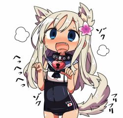 Rule 34 | 10s, 1girl, animal ears, blonde hair, blue eyes, blush, covered navel, crop top, dog ears, dog tail, drooling, flower, hair flower, hair ornament, hibiscus, japanese flag, kanikama, kantai collection, long hair, one-piece tan, paw pose, ro-500 (kancolle), sailor collar, school swimsuit, swimsuit, swimsuit under clothes, tagme, tail, tan, tanline, teeth
