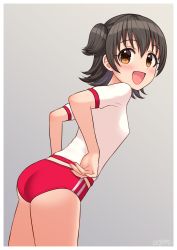 Rule 34 | adjusting buruma, adjusting clothes, akagi miria, arms behind back, ass, blouse, blush, breasts, brown eyes, buruma, commentary request, commission, grey background, hair between eyes, highres, idolmaster, idolmaster cinderella girls, looking at viewer, open mouth, red buruma, shirt, short hair, short sleeves, short twintails, skeb commission, small breasts, smile, solo, thighs, twintails, wgm oekaki, white shirt