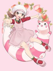 Rule 34 | alternate color, alternate costume, back bow, bow, brown eyes, brown hair, cabbie hat, commentary, creatures (company), dress, food, fruit, full body, furret, game freak, gen 2 pokemon, hat, highres, lace, lace-trimmed dress, lace trim, looking at viewer, lyra (pokemon), mary janes, nintendo, open mouth, outstretched arms, pink background, pink dress, pink footwear, pink theme, pokemon, pokemon (creature), pokemon hgss, polka dot, pumpkinpan, red legwear, red shirt, shiny pokemon, shirt, shoes, short twintails, simple background, smile, socks, spread arms, strawberry, twintails, undershirt, white headwear