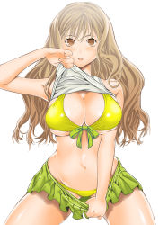 Rule 34 | 1girl, :o, bikini, bikini under clothes, blush, breasts, brown eyes, brown hair, cleavage, clothes lift, clothes pull, cowboy shot, female focus, front-tie top, highres, large breasts, lifting own clothes, long hair, looking at viewer, navel, original, shigaoka, shigaoka touki, shirt lift, skirt, skirt pull, solo, swimsuit, swimsuit under clothes, tank top, wavy hair, yellow bikini