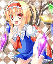 Rule 34 | 1girl, alice margatroid, alice margatroid (cosplay), alternate color, anni minto, ascot, blonde hair, character name, cosplay, fang, female focus, flandre scarlet, hairband, highres, looking at viewer, open mouth, panties, red eyes, short hair, side ponytail, solo, touhou, underwear, white panties, wings