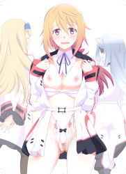 Rule 34 | 10s, 3girls, blonde hair, blue eyes, blush, breasts, cecilia alcott, charlotte dunois, condom, condom skirt, eyepatch, female pubic hair, infinite stratos, large breasts, laura bodewig, long hair, looking at viewer, multiple condoms, multiple girls, navel, nipples, open clothes, open mouth, open shirt, panties, pubic hair, purple eyes, pussy, red eyes, see-through, shirt, silver hair, touge hiro, underwear, used condom