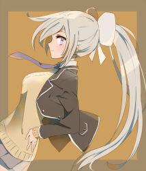 Rule 34 | 1girl, border, bow, breasts, brown border, brown jacket, brown sweater, closed mouth, commentary request, dutch angle, from side, grey skirt, hair bow, hands on own hips, higuchi kaede, higuchi kaede (1st costume), jacket, large breasts, long hair, long sleeves, looking at viewer, necktie, nijisanji, open clothes, open jacket, orange background, pleated skirt, ponytail, profile, purple eyes, purple necktie, school uniform, sideways glance, silver hair, skirt, solo, sou (tuhut), sweater, virtual youtuber, white bow