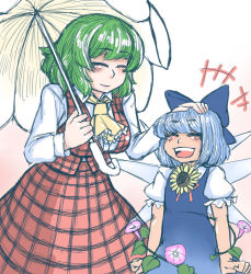Rule 34 | +++, 2girls, :d, ^ ^, arms at sides, ascot, blue bow, blue dress, blue hair, blush, bow, cirno, clenched hands, closed eyes, cowboy shot, dress, flower, frilled sleeves, frills, gradient background, green hair, hair bow, hand on another&#039;s head, hands up, happy, headpat, hell angel, hidden star in four seasons, holding, holding umbrella, ice, ice wings, kazami yuuka, laughing, leaf, long sleeves, multiple girls, open mouth, parasol, plaid, plaid skirt, plaid vest, puffy short sleeves, puffy sleeves, shirt, short hair, short sleeves, skirt, skirt set, smile, sunflower, tan, tanned cirno, touhou, umbrella, vest, wing collar, wings