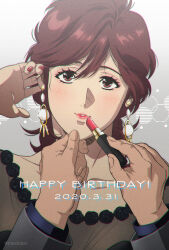 Rule 34 | 1boy, 1girl, absurdres, adjusting hair, applying makeup, brown eyes, brown hair, city hunter, collarbone, dangle earrings, dated, dress, earrings, evening gown, eyelashes, formal, gradient background, grey background, happy birthday, hetero, highres, jewelry, lipstick, long sleeves, makeup, makimura kaori, nail polish, out of frame, pov, red nails, saeba ryou, solo focus, yuu (masarunomori)