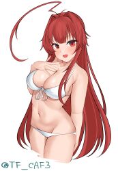 Rule 34 | absurdres, ahoge, bikini, breasts, brown hair, cleavage, cropped legs, front-tie bikini top, front-tie top, hair intakes, highres, huge ahoge, kantai collection, kuma (kancolle), large breasts, looking at viewer, lowleg, lowleg bikini, one-hour drawing challenge, red eyes, simple background, smile, standing, swimsuit, tf cafe, twitter username, white background, white bikini