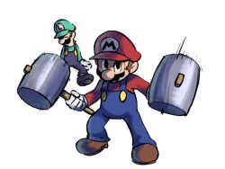 Rule 34 | 2boys, blue overalls, boots, brothers, brown footwear, dual wielding, facial hair, gloves, green headwear, green shirt, hammer, hat, highres, holding, holding hammer, looking at viewer, luigi, mario, mario &amp; luigi rpg, mario (series), multiple boys, mustache, nintendo, overalls, red headwear, red shirt, shirt, siblings, simple background, white background, white gloves, ya mari 6363