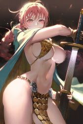 Rule 34 | 1girl, armor, bikini armor, blue cape, blush, braid, breasts, brown gloves, cape, cowboy shot, crying, crying with eyes open, gloves, holding, holding sword, holding weapon, large breasts, long hair, looking at viewer, navel, one piece, rebecca (one piece), red eyes, red hair, runa (nori31291404), sheath, single braid, solo, stomach, sword, tears, thighs, toned, underboob, unsheathing, very long hair, weapon