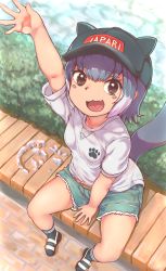 Rule 34 | 1girl, alternate costume, arm up, bare arms, bare legs, baseball cap, belt, black eyes, black socks, blush stickers, casual, collarbone, contemporary, cutoffs, day, denim, denim shorts, fang, fisheye, from above, full body, grey hair, hat, highres, kemono friends, looking at viewer, looking up, multicolored hair, okyao, open mouth, otter girl, otter tail, outdoors, outstretched arm, outstretched hand, river, sandals, shirt, short hair, short shorts, short sleeves, shorts, sidelocks, sitting, small-clawed otter (kemono friends), smile, socks, solo, stone, stonehenge, t-shirt, tail, two-tone hair, v-shaped eyebrows, water, white hair