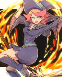 Rule 34 | 1girl, amanda o&#039;neill, arms up, belt, boots, broom, broom riding, commentary, dress, english commentary, fire, green belt, green eyes, hat, high heel boots, high heels, highres, knee boots, little witch academia, looking at viewer, luna nova school uniform, medium hair, multicolored hair, omiza somi, open mouth, purple dress, purple footwear, purple hat, red hair, school uniform, signature, solo, teeth, two-tone hair, upper teeth only, witch hat