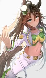 Rule 34 | 1girl, absurdres, ahoge, animal ears, blush, breasts, brown hair, choker, closed mouth, collarbone, commentary request, crop top, green eyes, green shirt, hair between eyes, hair ornament, hairclip, hand on own hip, hand up, hat, highres, horse ears, horse girl, horse tail, jacket, long hair, long sleeves, looking at viewer, medium breasts, midriff, mini hat, mini top hat, mr. c.b. (umamusume), navel, open clothes, open jacket, pants, shirt, sidelocks, simple background, single sleeve, sleeve cuffs, smile, solo, standing, strapless, strapless shirt, taguchi yuu, tail, top hat, umamusume, white background, white hat, white pants, yellow choker