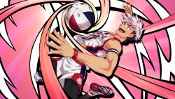 Rule 34 | 1boy, ball, black leggings, collaboration, highres, jock studio (blits games), leggings, looking at object, male focus, mikkoukun, multicolored footwear, nakajima yuuto, non-web source, official art, open mouth, pink background, red footwear, red wristband, shirt, shorts, sleeveless, sleeveless shirt, solo, sportswear, teeth, undercut, upper teeth only, variant set, volleyball (object), volleyball uniform, white footwear, white hair, white shirt, white shorts, zamius