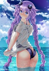 Rule 34 | 1girl, ass, blue eyes, blush, braid, breasts, butt crack, embarrassed, helvetica std, highres, large breasts, long hair, looking at viewer, looking back, neptune (series), ocean, one-piece swimsuit, partially submerged, purple hair, purple heart (neptunia), purple one-piece swimsuit, shirt, sideboob, swimsuit, twin braids, water, wet, wet clothes, wet shirt