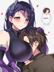 Rule 34 | 1boy, 1girl, absurdres, armored leotard, between breasts, black hair, blush, breasts, brown hair, cheating (relationship), closed mouth, commander (nikke), elbow gloves, gloves, goddess of victory: nikke, headgear, heart, heart-shaped pupils, hetero, highres, isabel (nikke), large breasts, long hair, midori (user nsaz3272), out of character, red eyes, short hair, smile, symbol-shaped pupils