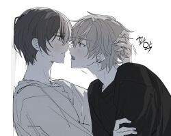 Rule 34 | 2boys, aoyagi touya, black shirt, closed mouth, commentary request, earrings, eye contact, fingernails, greyscale, hand on another&#039;s head, highres, jewelry, korean commentary, korean text, looking at another, male focus, monochrome, multicolored hair, multiple boys, open mouth, project sekai, samgak, shinonome akito, shirt, split-color hair, streaked hair, stud earrings, teeth, translation request, two-tone hair, upper body, upper teeth only, white background, yaoi