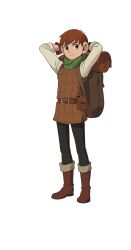 Rule 34 | 1boy, armor, arms behind head, backpack, bag, belt, belt pouch, black pants, boots, brown bag, brown belt, brown eyes, brown footwear, brown gloves, brown hair, chilchuck tims, dungeon meshi, full body, gloves, halfling, highres, leather armor, looking at viewer, official art, pants, pouch, shirt, short hair, simple background, solo, tachi-e, transparent background, white shirt