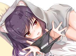Rule 34 | 1girl, animal ear fluff, animal ears, aono (f i s), bed sheet, black panties, bow, bow panties, brown eyes, grey jacket, hair between eyes, holding, holding clothes, holding panties, holding underwear, hood, hood up, hooded jacket, jacket, long hair, long sleeves, looking at viewer, lying, on side, panties, unworn panties, parted lips, pillow, presenting removed panties, princess connect!, purple eyes, shiori (princess connect!), simple background, smile, solo, underwear, white background