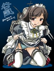 Rule 34 | 10s, 1girl, 2015, alternate costume, apron, artist name, blush, brown eyes, brown hair, character name, clothes lift, dated, dress, dress lift, enmaided, garter straps, gloves, green panties, hair ornament, hairband, kantai collection, kneeling, machinery, maid, maid apron, maid headdress, open mouth, panties, ribbon, short hair, skirt, skirt lift, smokestack, solo, tanikaze (kancolle), tatsumi ray, thighhighs, torpedo, translated, twitter username, underwear, uniform, white gloves, white thighhighs