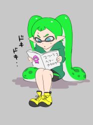 Rule 34 | 1girl, :&lt;, bike shorts, blue eyes, book, flat color, full body, green hair, grey background, inkling, inkling girl, inkling player character, long hair, looking down, nintendo, pointy ears, shoes, simple background, sketch, sneakers, solo, splatoon (series), splatoon 2, taka-michi, tentacle hair, translated, twintails, v-shaped eyebrows, very long hair