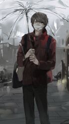 Rule 34 | 1boy, absurdres, bag, black eyes, black pants, brown hair, building, coat, commentary request, feet out of frame, grey background, hands up, highres, holding, holding umbrella, jiz (pffbq), kiyo (youtuber), long sleeves, looking at viewer, male focus, mask, mouth mask, outdoors, overcast, pants, real life, red coat, short hair, sky, solo, standing, surgical mask, transparent, transparent umbrella, umbrella