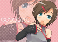 Rule 34 | 1girl, alternate costume, arm warmers, blue eyes, copyright name, hair ornament, hairclip, meiko (vocaloid), music, nail polish, open mouth, parted bangs, pink background, polka dot, polka dot background, red nails, singing, sleeveless, solo, tamura hiro, upper body, vocaloid, zoom layer