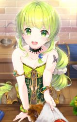 Rule 34 | 1girl, bare shoulders, belt, black choker, blush, book, bow, bracelet, breasts, butterfly tattoo, choker, cleavage, clothes grab, clothes tug, commentary request, green eyes, green hair, hair ornament, indoors, jewelry, koyama sao, long hair, multi-tied hair, pantyhose, pectorals, ponytail, pouch, ribbon, saga, saga frontier 2, shorts, shoulder tattoo, simple background, sleeve grab, small breasts, solo focus, tattoo, very long hair, virginia knights, weighing scale, white background, white bow