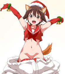 Rule 34 | 1girl, :d, animal ears, arms up, bell, blush, bottomless, brown eyes, brown hair, christmas, crop top, crop top overhang, elbow gloves, gloves, groin, hat, in container, looking at viewer, miyafuji yoshika, navel, no panties, open mouth, outstretched arms, sack, sailor collar, santa costume, santa hat, short hair, simple background, smile, solo, strike witches, thighhighs, world witches series, youkan