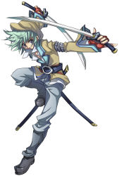 Rule 34 | 1boy, alfa system, bad id, bad pixiv id, belt, beret, boots, coat, cota, dual wielding, full body, green hair, grey eyes, grin, hat, holding, knee boots, male focus, pants, scabbard, sheath, simple background, smile, solo, spada belforma, sword, tales of (series), tales of innocence, weapon, white background