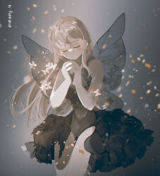 Rule 34 | 1girl, bare shoulders, black dress, blush, brown hair, bug, butterfly, character request, closed eyes, closed mouth, covered navel, cowboy shot, dress, facing viewer, grey background, hair between eyes, insect, legs together, light particles, long hair, mabinogi, own hands clasped, own hands together, raised eyebrows, reinforced, sleeveless, sleeveless dress, solo, thigh gap, thighs, watermark, wings
